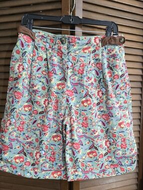 High-Waist Floral Shorts with Real Leather Trim  - Mint and Coral